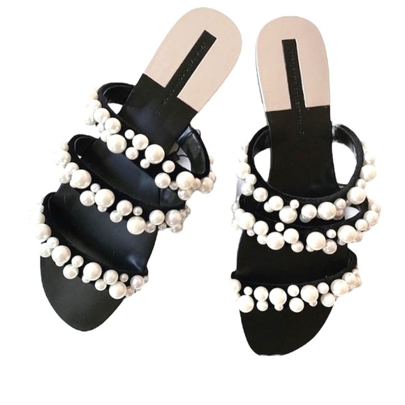 Zara Pearl Embellished Straps Flat Sandals Flats Faux Leather Slides Mules Shoes - Picture 14 of 16